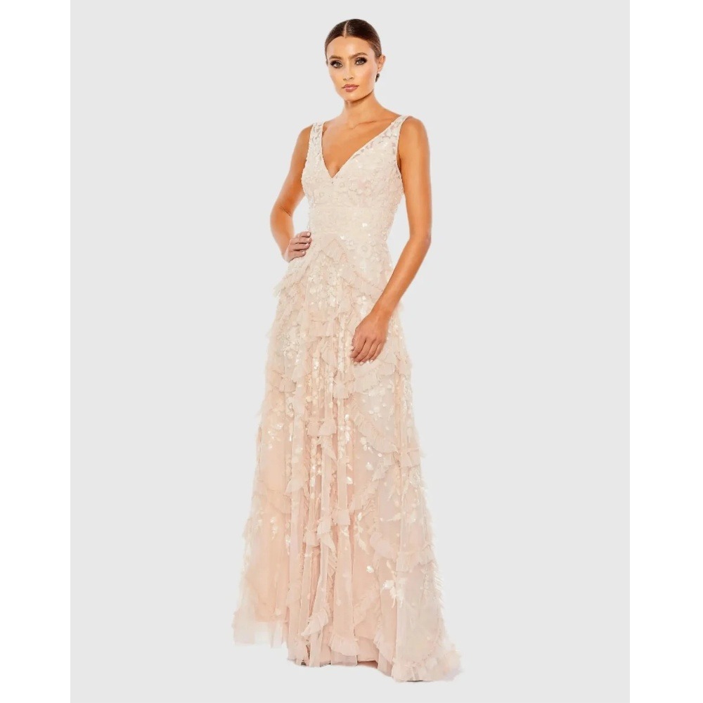NWT Mac Duggal Sequined Scallop Ruffle Tiered V-Neck Gown 12 Blush Dress 9162